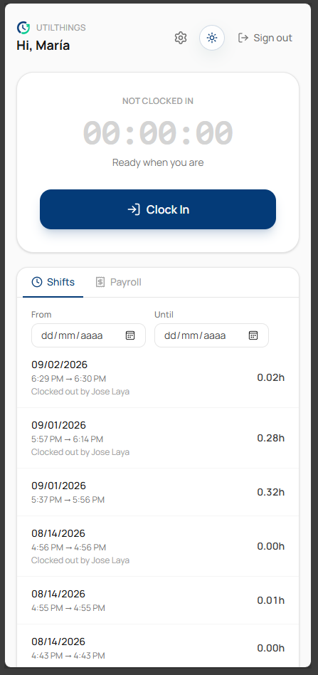 Employee clock-in screen with recent shift history