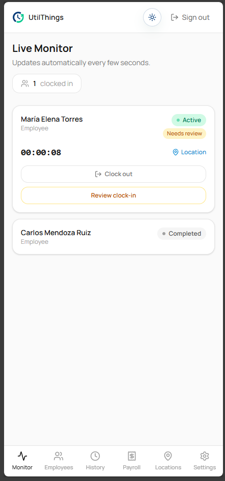 Manager live monitor showing active employees and clock-ins awaiting review