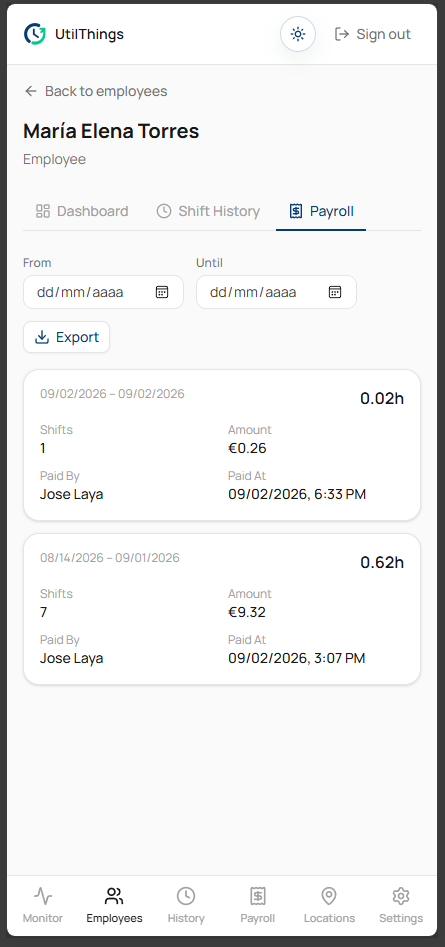 Employee payroll screen with hours, amounts and export action